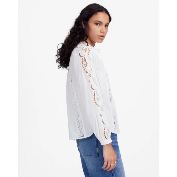 Madewell Lace-Inset Pintucked Button-Up Top M White Long Sleeve Crew Neck Eyelet - Picture 2 of 9